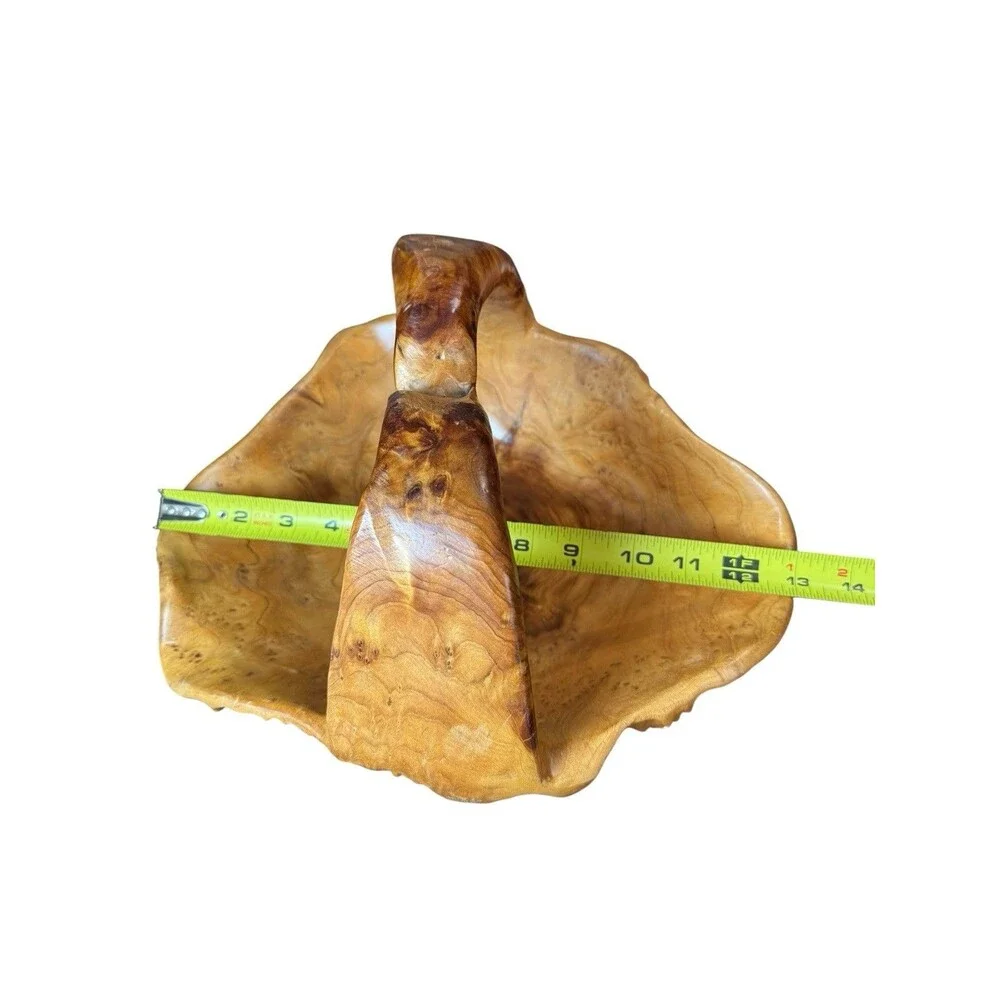 Hand Carved Burl Wood Tree Root Bowl Basket with Handle 13 in dia x 9 tall